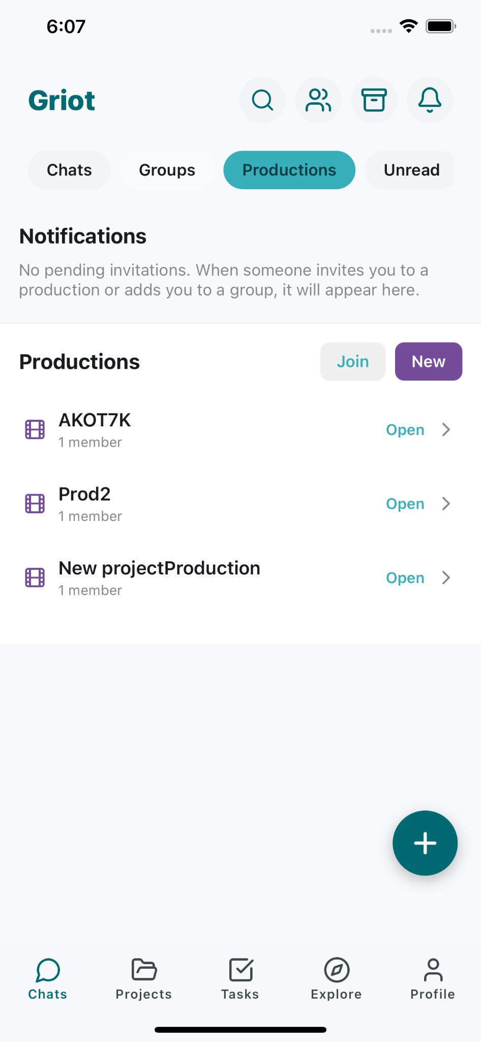 Chats and Groups: Productions, announcements, and crew channels